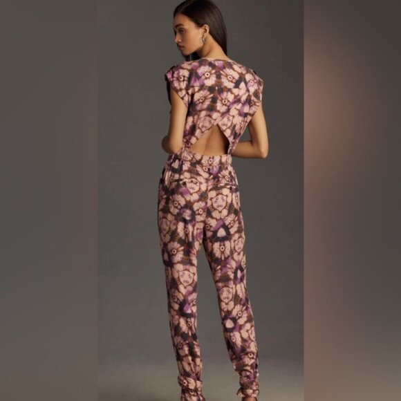 NWOT By Anthropologie Sleeveless Cutout Printed Jumpsuit‎ Purple MEDIUM - Picture 3 of 16